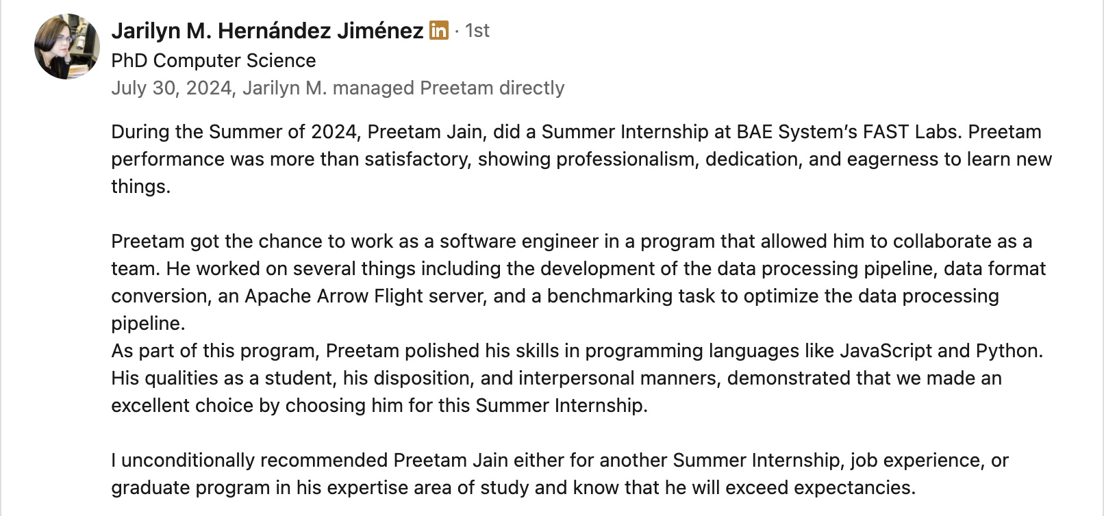 Jarilyn Hernandez Recommendation
