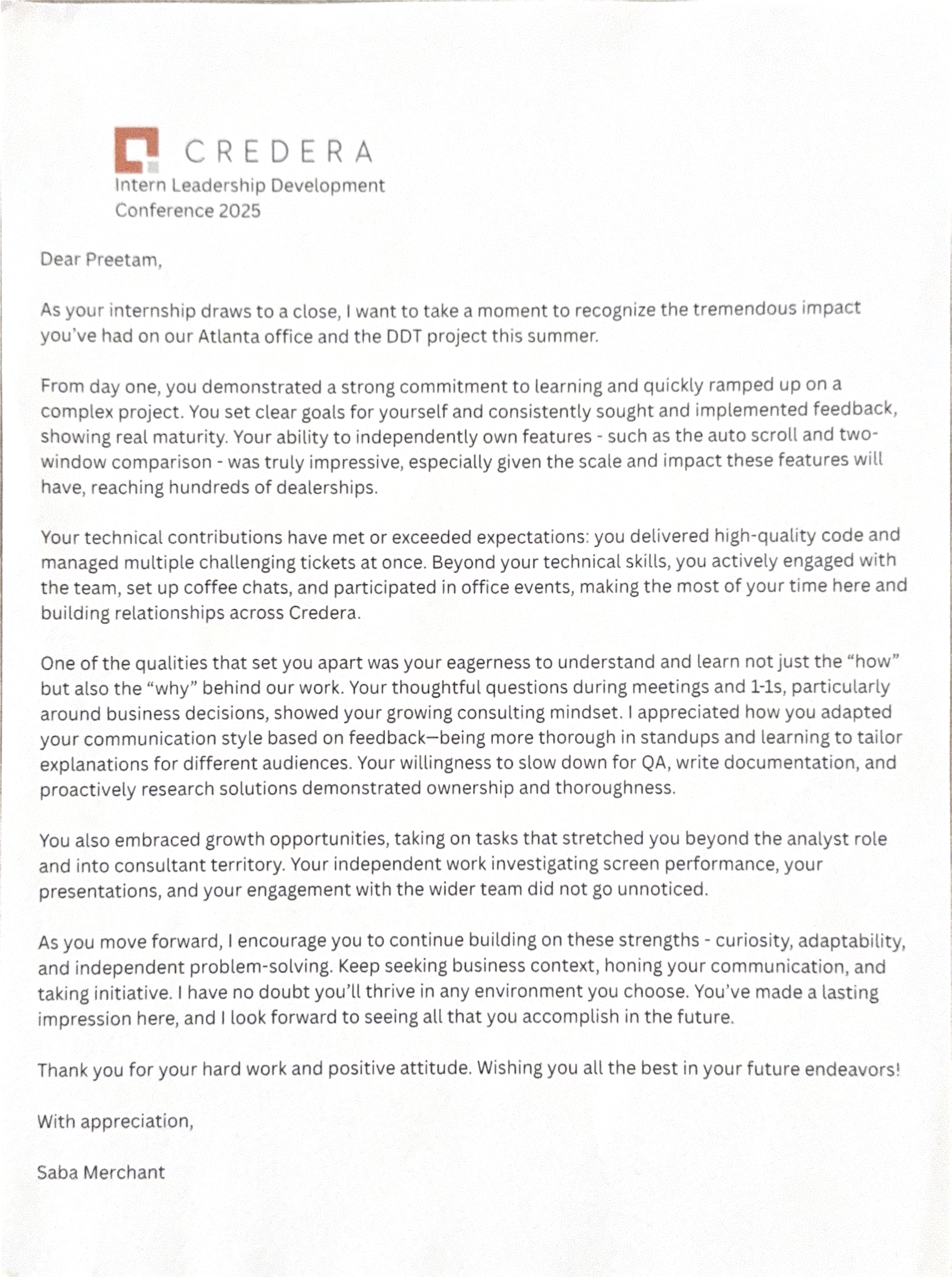 End-of-internship recognition letter from Credera manager